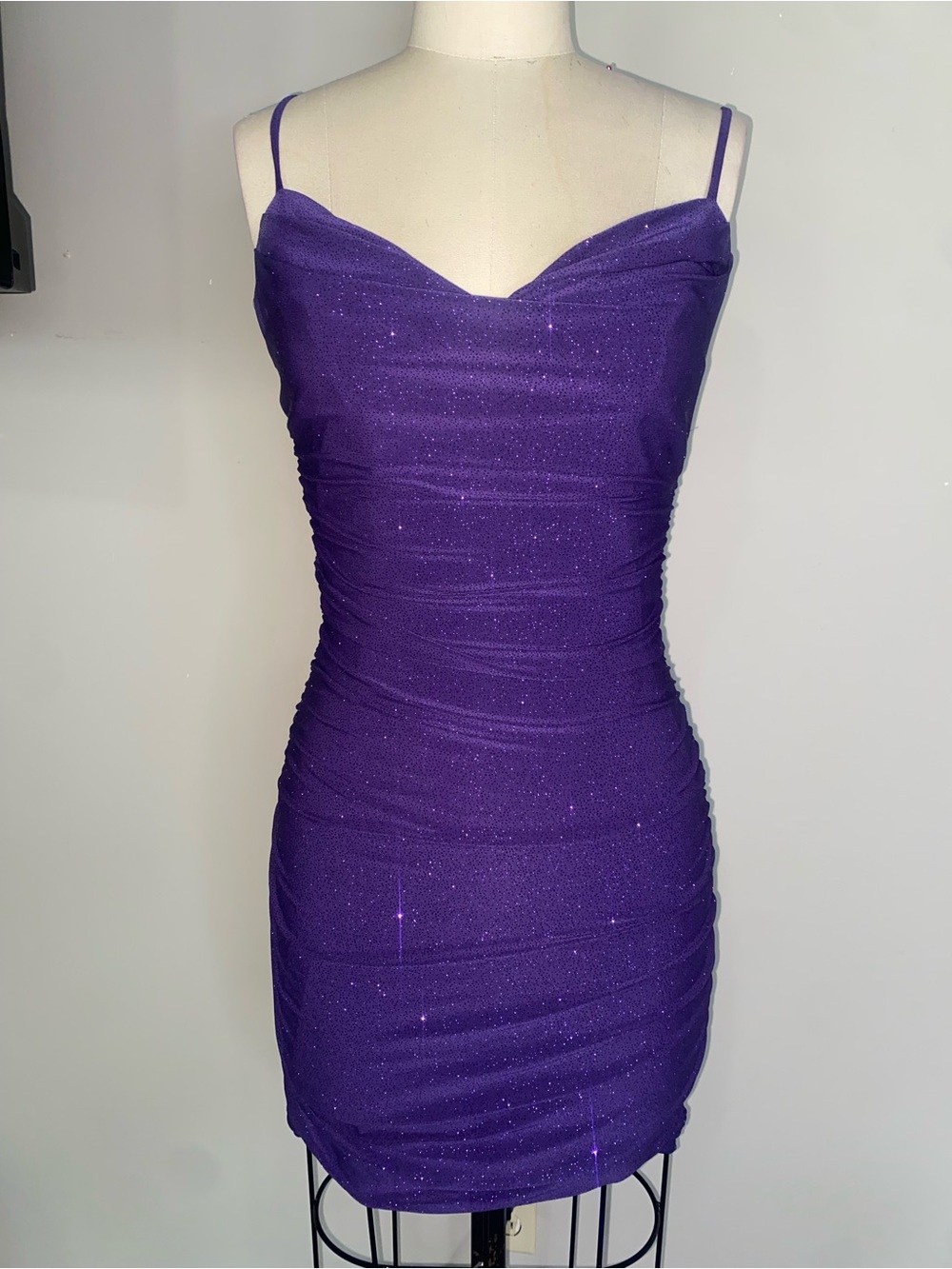 Windsor Sparkling Plum Spaghetti-Strap Ruched Mini Dress